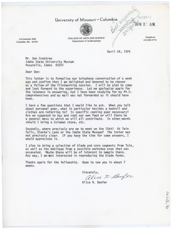 Typewritten letter from Alice Benfer to confirm that she was chosen as a fellow and accepting for the flintworking session. She asked some questions regarding personal gear and food for the session, and where exactly she was supposed to meet everyone. She said she was going to bring some blades and core segments from Tula to show everyone.