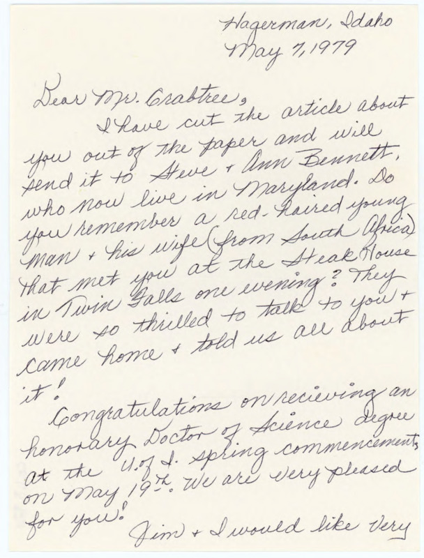 Handwritten letter from Leah Bennett who wrote to Crabtree to inform him that she cut out an article about him from a paper and sent it to Steve and Ann Bennett. She then congratulated him on receiving his honorary Doctorate from the University of Idaho and then invited him to dinner to meet her and her family. Attached is a map drawn on a napkin with directions to her home in Hagerman, and an envelope.