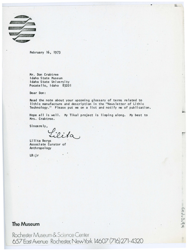 Typewritten letter from Lilita Bergs. She wrote to Crabtree to request that she be notified upon the publication of Crabtree’s upcoming glossary.