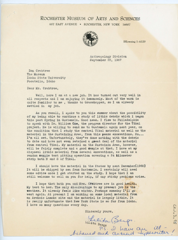 Typewritten letter. Bergs wrote to Crabtree to inform him of her new job and that she was picking up her old research again while working with William Coe. The Tikal material was set to be shipped to her from Guatemala the next year, and she could start up her research again then.