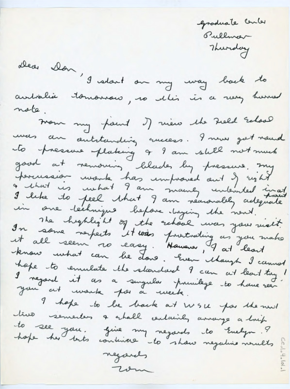 Handwritten letter from Tom Brown to Donald Crabtree where he wrote to tell him that he was returning to Australia and to inform him that he thought the summer session of the flintknapping school was a success. On the next page he is writing while in New York. He thanked him again for all he learned from Crabtree and then detailed his stops in Denver, Chicago, Philadelphia, and New York. He finished his letter by encouraging Crabtree to decide what he wanted to happen to his library after he passed and then have a lawyer handle it.