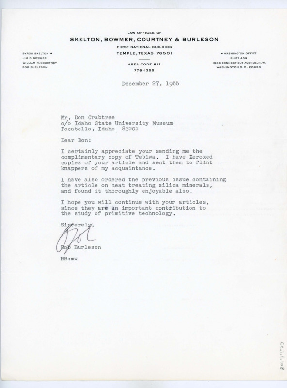 Typewritten letter from Bob Burleson. He wrote to thank Crabtree for sending a copy of the Tebiwa publication and said he would order the previous publications as well.