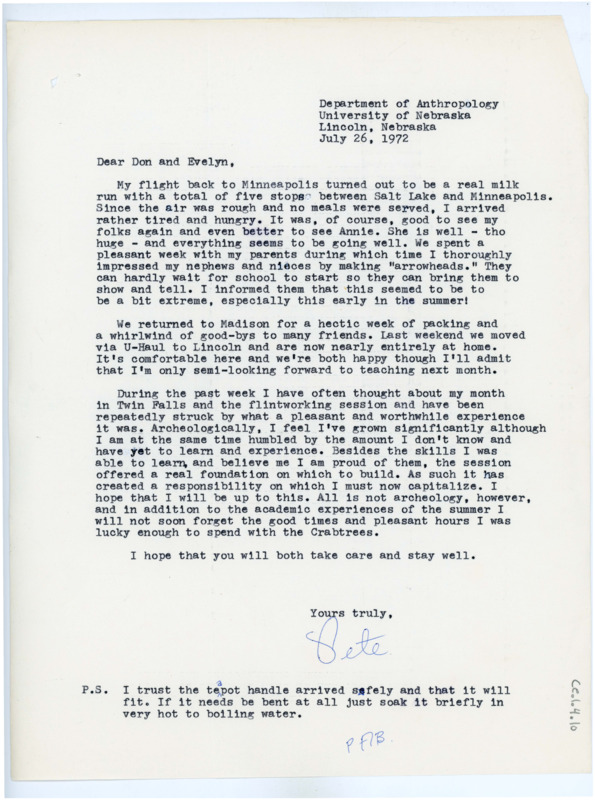 Typewritten letter from Peter Bleed to Donald Crabtree where he discussed his recent visit to his family and his move. He thanked Crabtree for teaching him during the summer session and said it was a great foundation to continue learning.