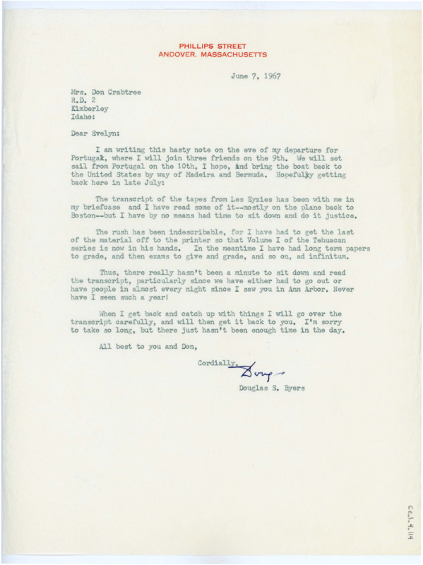 Typewritten letter from Douglas Byers to Evelyn Crabtree. He wrote to say he had been incredibly busy with grading, traveling, and visitors and haven't had time to read the transcript. He said when he returned he would go over it and get back to her.