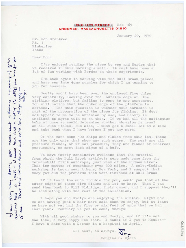 Typewritten letter from Douglas Byers to Donald Crabtree wherein he asked Crabtree to look over some flakes from the Bull Brook Collection and answer some questions for him.