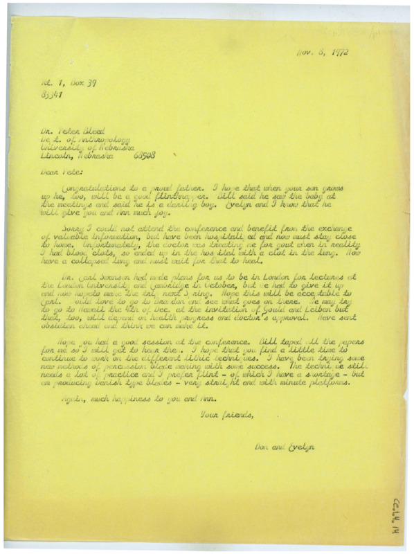 Typewritten letter from Donald Crabtree. He congratulated Bleed on the birth of his son and apologized for being unable to travel to the conference. He and Earl Swanson had to cancel their trip to London for work.