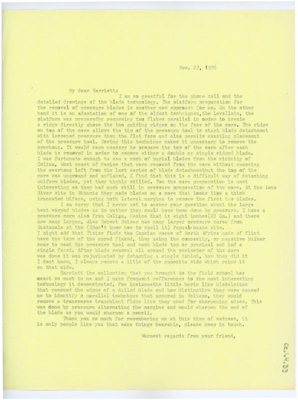 Typewritten letter from Donald Crabtree to Harriet Blitzer where he wrote back to her to give her information on the drawings she had sent and talked about her time in the field school.