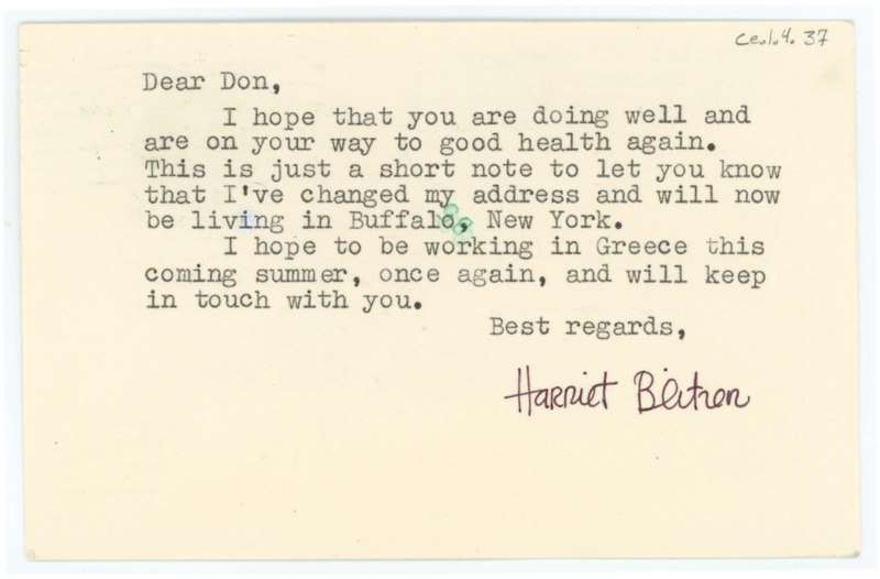 Typewritten letter on the back of a postcard from Harriet Blitzer to Donald Crabtree. She wrote to him to give him her new address in New York State and to wish him good health.