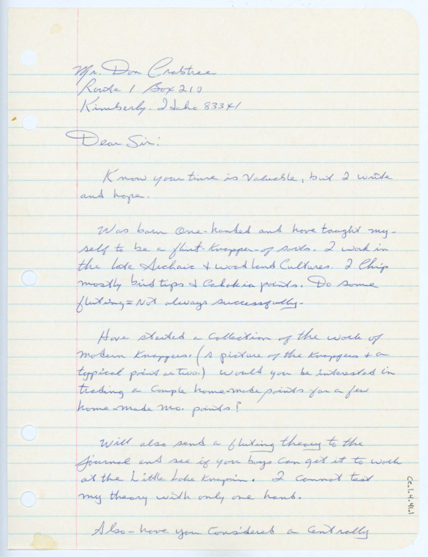 Handwritten letter from Fred Bollinger to Donald Crabtree to discuss his experiences of flintknapping with only one hand. He gave some information on what he had success with and asked if Crabtree wanted to trade a few pieces. He attached a colored photo of various pieces he worked on over the years and there is also an envelope attached.