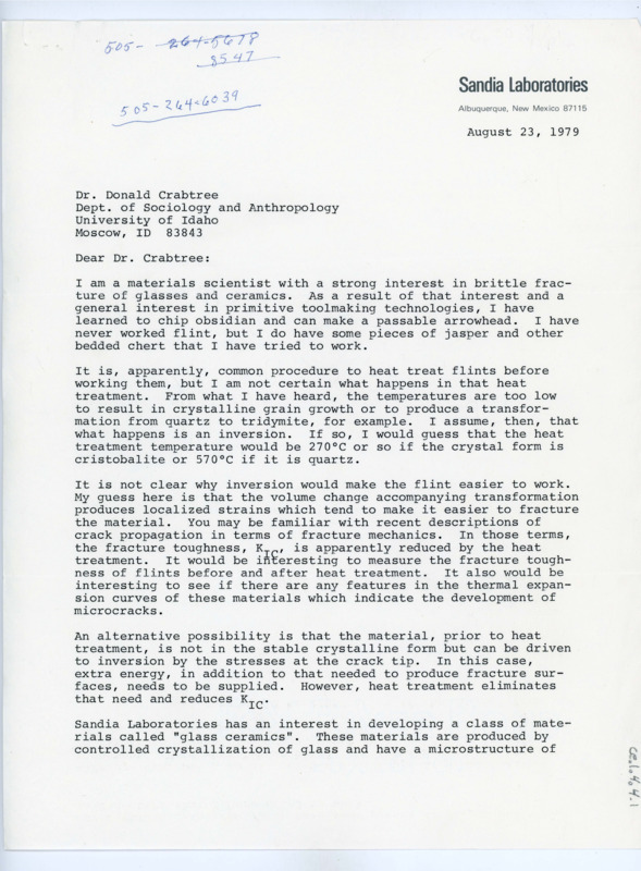 Typewritten letter from Edwin Beauchamp at Sandia Laboratories who was studying different flintknapping and flaking techniques. He asked a variety of questions regarding heat treatment, sourcing flint, and measuring fracture toughness. They wanted to produce glass ceramics through heating and flaking and thought studying the process with flint would help understand it.