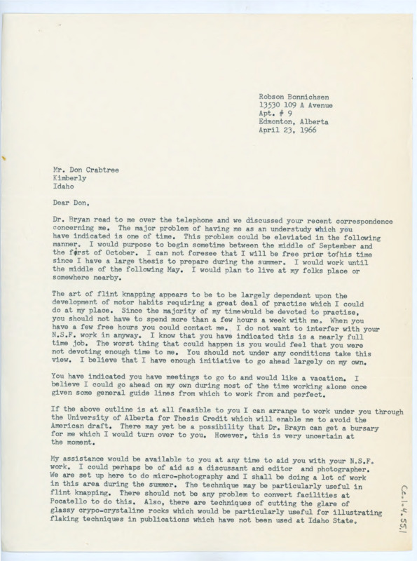 Typewritten letter from Rob Bonnichsen to Donald Crabtree where he discussed logistics of working under Crabtree through the University of Alberta.