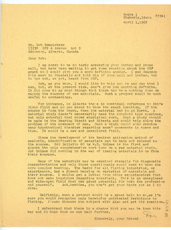 Typewritten letter from Donald Crabtree where he suggested some topics for studying the sourcing of materials for lithic technology in Alberta. He suggested some sites and how the work would be beneficial.