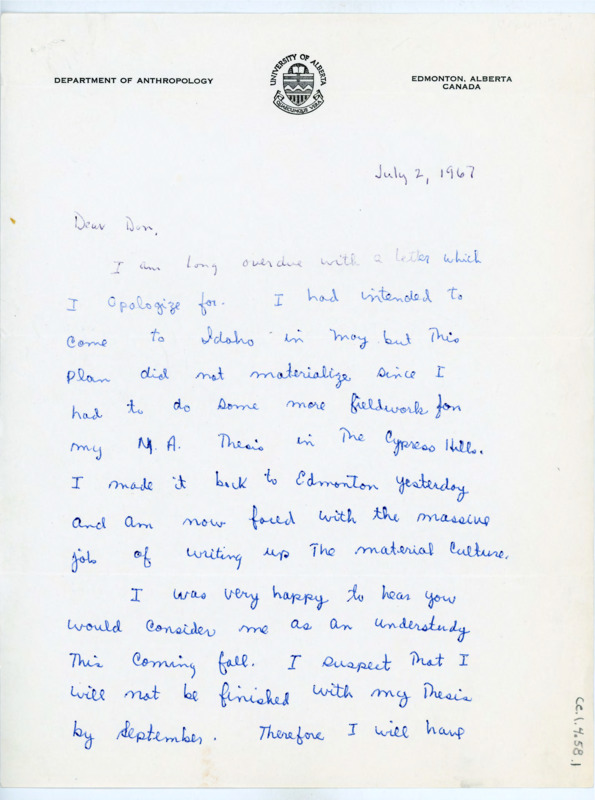 Handwritten letter from Rob Bonnichsen to Donald Crabtree where he said he was unable to go to Idaho in May to be his understudy due to having more fieldwork for his M.A. Thesis. He planned to take a field and laboratory class that summer and hoped the other students would be able to help with the material.