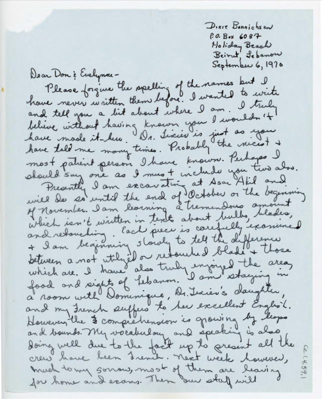 Handwritten letter from Dixie Bonnichsen to Donald Crabtree where she wrote to update Crabtree on her work in Lebanon with Jacques Tixier. There is a note at the end from Dominique Tixier.