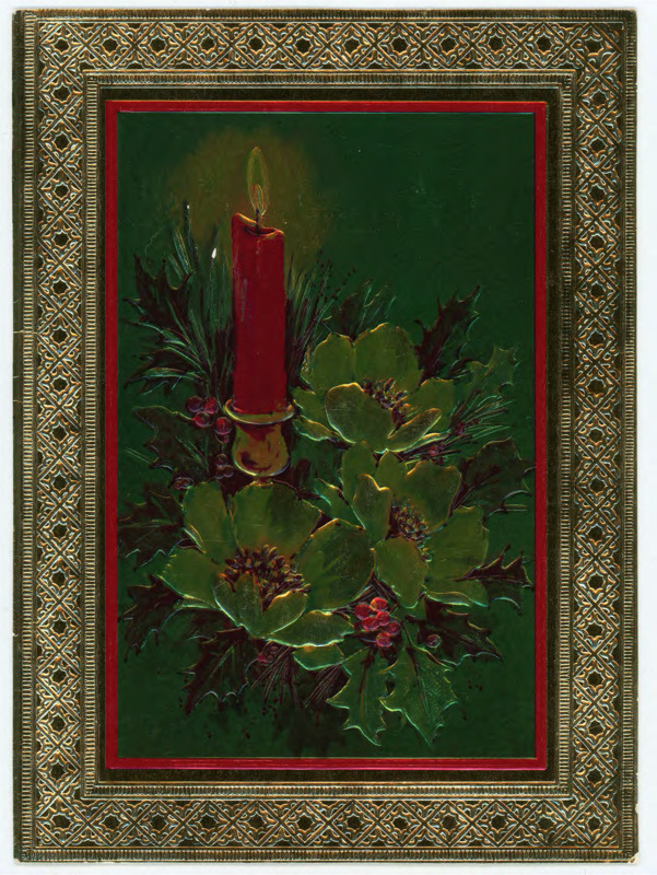 Holiday card. Outside: art of a holly plant and a candle. Inside: Printed note and signed by Harland, Donna, and Keith. There is an envelope attached.