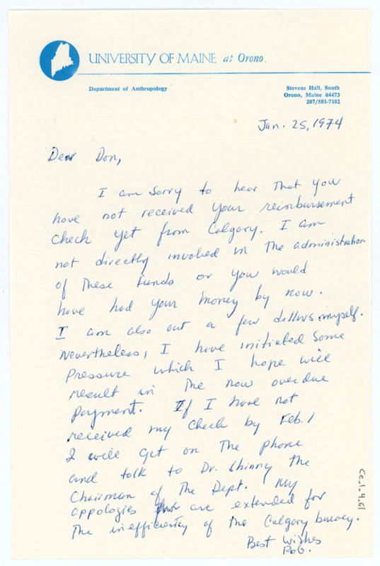 Handwritten letter from Rob Bonnichsen. He apologized to Crabtree that he had not received his reimbursement check yet, and said that if neither of them received their checks by the first of February he would call them and put more pressure on them.