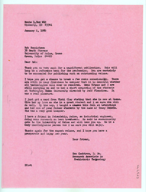 Typewritten correspondence from Donald Crabtree to Rob Bonnichsen where he congratulated Rob on his recent publication and updated him on his personal and professional life.