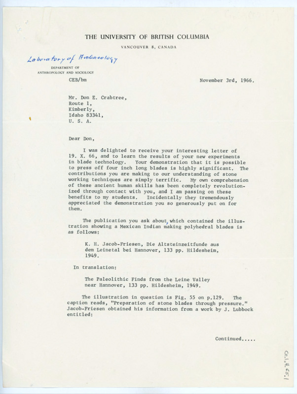 Typewritten letter from Charles Borden to Donald Crabtree where he praised Crabtree for his work in lithics and gave him some information of where to find an illustration he was looking for.