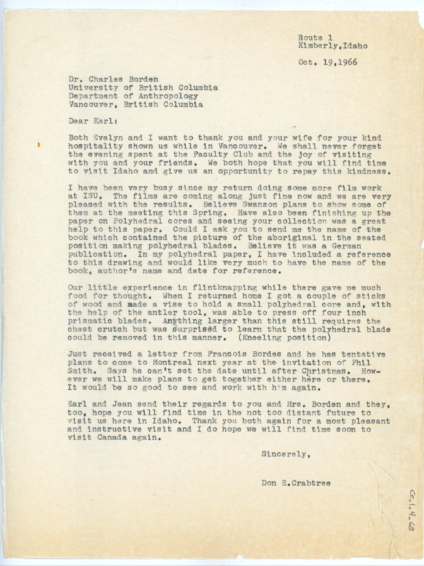 Typewritten letter from Donald Crabtree to Charles Borden where he talked about his recent trip to see him, and an upcoming trip from Bordes. He requested some information for a paper and discussed his recent research and work on films.