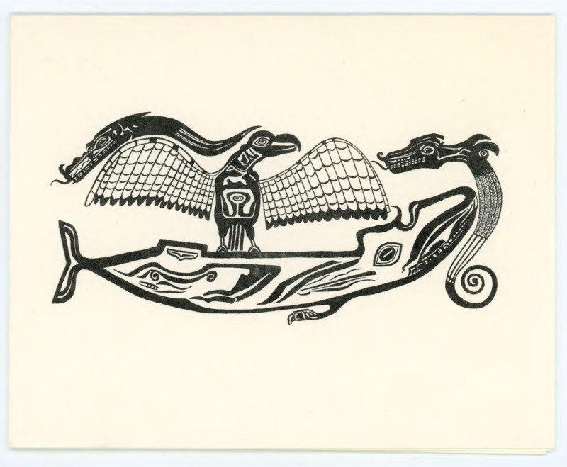 Printed and foldable holiday card from Charles Borden. On the front is art of Thunderbird, Lightning Serpents, and Whale by Moira Irvine. Inside is a printed note wishing happy holidays and is signed by Charles Borden