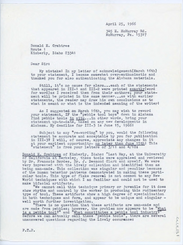 Typewritten letter from Edward Boss where he wrote back to apologize for his previous assumption and said he was overzealous, and assured Crabtree that the letter would be published with his exact wording. He suggested he make edits if he felt it necessary, then attached Crabtree's original statement. He said a few words were changed for flow and he requested permission to publish this version, or to have Crabtree send a new one.