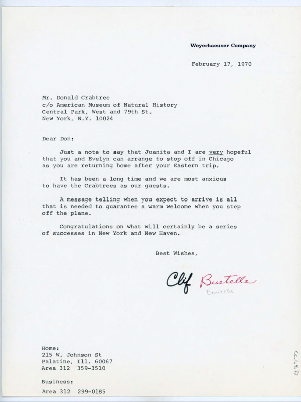 Typewritten letter from Clif Boutelle. He wrote to Crabtree while he was in New York and said that he hoped that they would make a stop to visit in Chicago on their way home. He said if they could make it to just send a quick letter and they would take care of everything else.