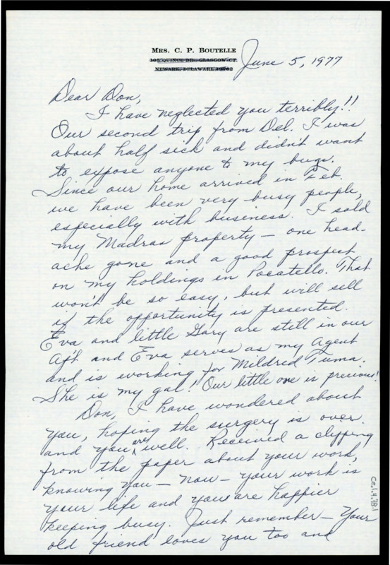 Handwritten letter from Juantia to Donald Crabtree to update him on her and her husband's lives and ask him to come visit. She inquired how his surgery went. There is an envelope attached with several different names, addresses, and phone numbers written on it in different inks and handwriting.