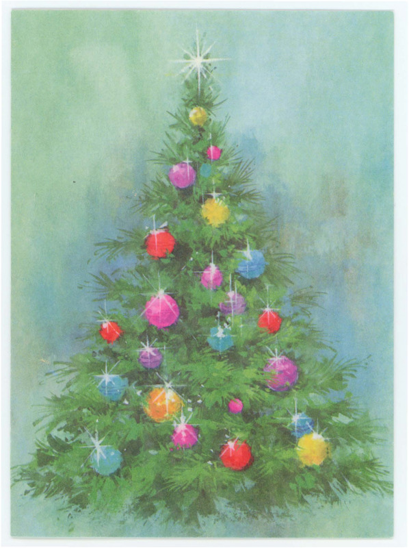 Holiday card from Nell Brede to Donald Crabtree. Front: art of a Christmas tree with ornaments on it. Inside: printed holiday greeting signed by Nell.