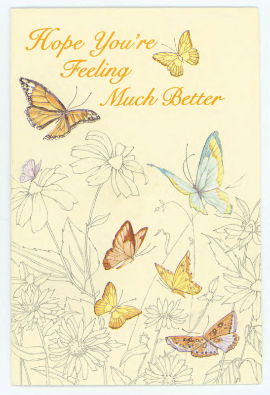 Get well soon card from Nell Brede to Donald Crabtree. Front: art print of some butterflies in a field of flowers. Inside: printed saying wishing good health and a handwritten note from Nell. She said she was sorry that he ended up in the hospital and hoped he would get to go home soon.