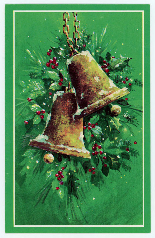 Holiday card to Donald Crabtree from Nell Brede. Outside: art print of two snow covered bells with holly plants surrounding them. Inside: printed holiday greetings and signed by Nell.