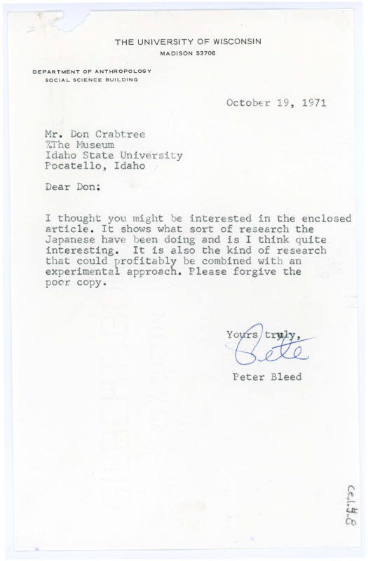 Typewritten letter. Peter Bleed wrote to Crabtree to send him an article about research being done by the Japanese. Details of the article itself nor the name are included.