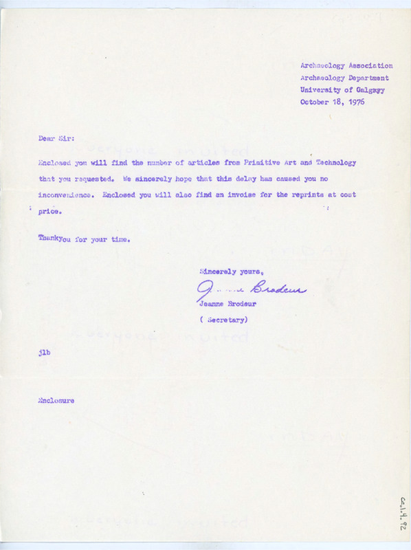 Typewritten letter from Jeanne Brodeur to Donald Crabtree. She sent him a number of articles from Primitive Art and Technology. She also sent an invoice for the prints.