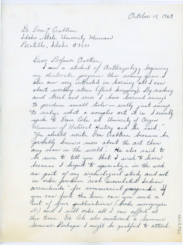 Handwritten letter from Gene Brown who was a student of anthropology starting his doctorate research who wanted to learn about flintknapping. He asked for a list of Crabtree's publications and for more information on the summer session flintknapping school before asking if Crabtree had any artifacts from Southern Oregon.