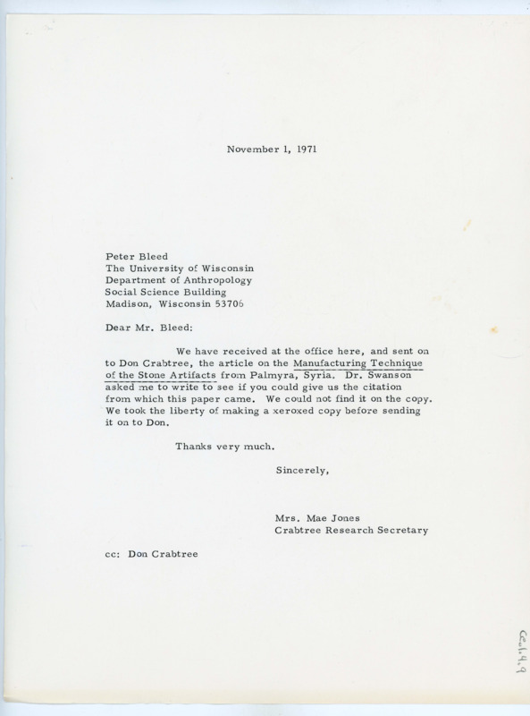 Typewritten letter from Mae Jones to Peter Bleed. She wrote to request a citation on the article he had sent Crabtree since they could not find a copy.