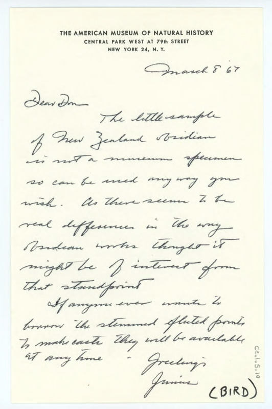 Handwritten letter from Junius Bird to Donald Crabtree regarding a sample of New Zealand obsidian.