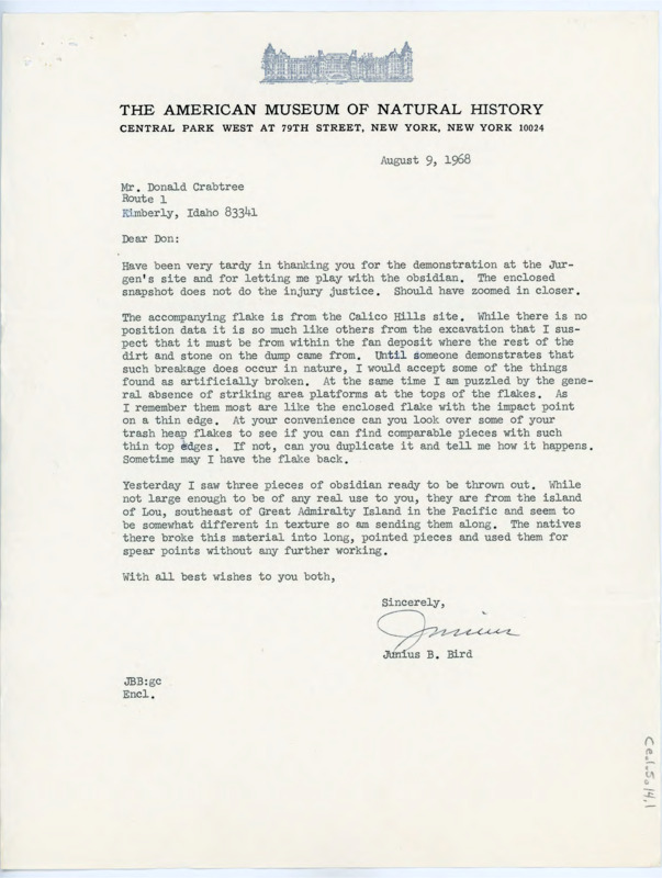 Typewritten letter from Junius Bird where he sent an artifact to Crabtree and asked him to find some similar or to replicate it and explain how the flake was made. He also sent him some small pieces of obsidian to work if he could make do with the smaller size. There is a drawing attached.