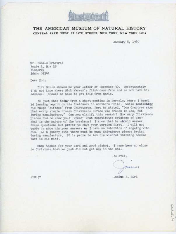 Typewritten letter from Junius Bird to Donald Crabtree where he said he did not know the location of Rick Warren's flint but he suggested that Marie would know. He also asked for some clarification from Crabtree on a statement from Ed Lanning who claimed that Crabtree said a generalized statement.