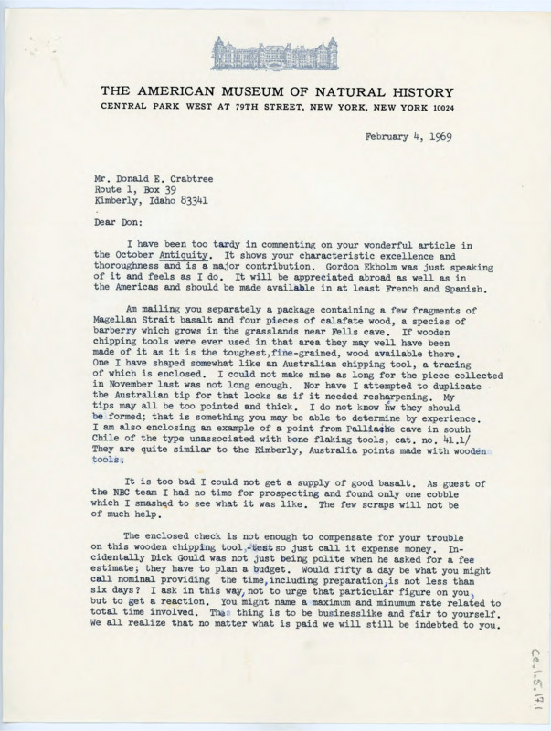 Typewritten letter from Junius Bird to Donald Crabtree where he write to compliment his recently article and to send him some tools used for flintknapping. He also sent him a check for his help and asked what his rate would be. There are drawings of various points attached.