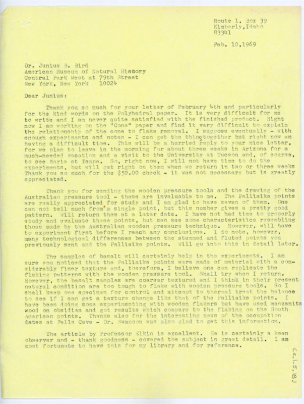 Typewritten letter from Donald Crabtree to Junius Bird where he thanked him for the material and explained how he planned to experiment with it. He addressed the issues of payment and discussed how it could work out.