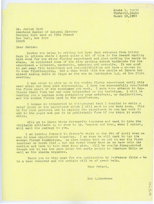 Typewritten letter from Donald Crabtree to Junius Bird where he informed him on his most recent vacation and updated him on his experiments with the wooden flaker.