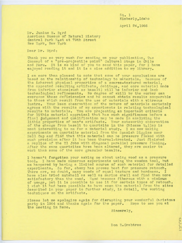 Typewritten letter from Donald Crabtree to Junius Bird. He wrote to discuss a recent article of Bird's and to address some of his questions about using wooden pressure tools.