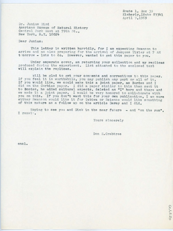 Typewritten letter from Donald Crabtree where he sent a draft of his paper to Junius Bird and suggested he add to it and publish it together. He also said he was going to return the collection he had with the replicas he made.