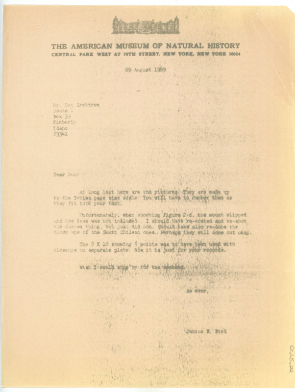 Typewritten letter from Junius Bird to Donald Crabtree where he sent him a handful of pictures he could use in upcoming paper.