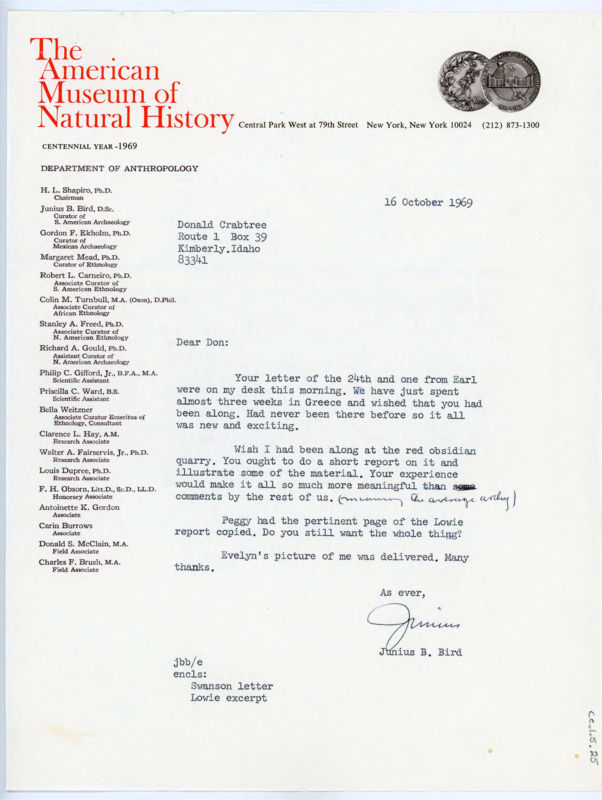 Typewritten letter from Junius where he asked Crabtree if he wanted a whole article printed out or just the relevant material in it, then thanked him for sending him a photo.