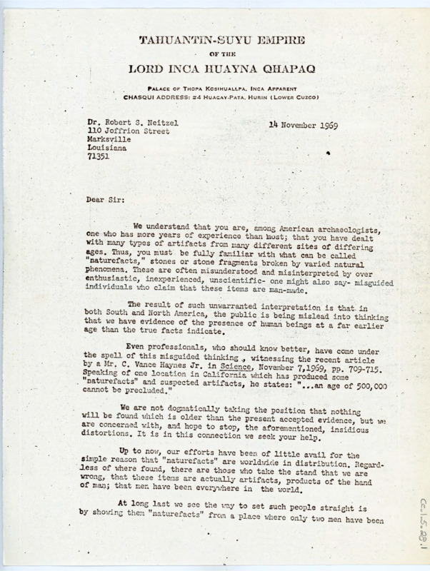 Typewritten letter from Julia Manco Cahua to Robert S. Neitzel which appeared to be forwarded to Donald Crabtree from Junius Bird. She wrote to ask for his help establishing a precedent regarding the discussion of "nature facts."