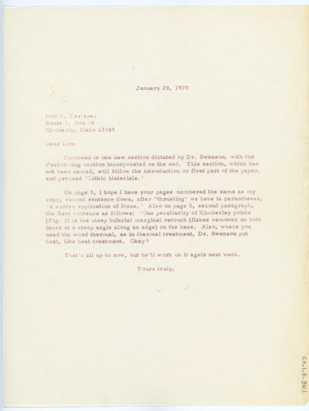 Typewritten letter from Junius Bird telling Crabtree that he has added some information for a paper they are working on together and asked him to ensure it was correct.