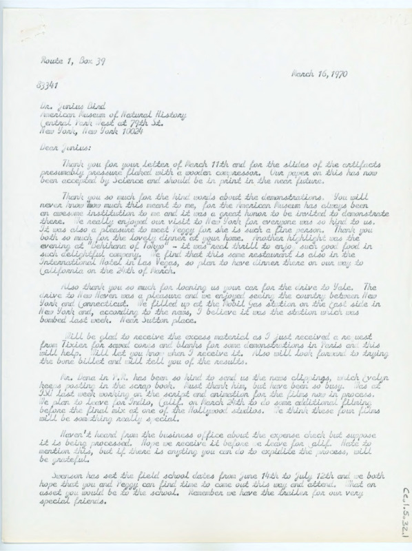 Typewritten letter from Donald Crabtree to Junius Bird thanking him for the extra material and the slides, as well as hosting them in New York. He told him of his upcoming work and travel plans, as well as the field school information.