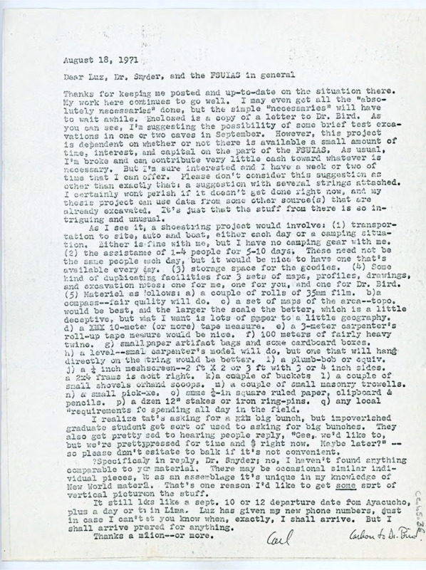 Typewritten letter from Carl Phagan to inform his advisors of his plan to study under Junius Bird and what he needs from the department to do so.