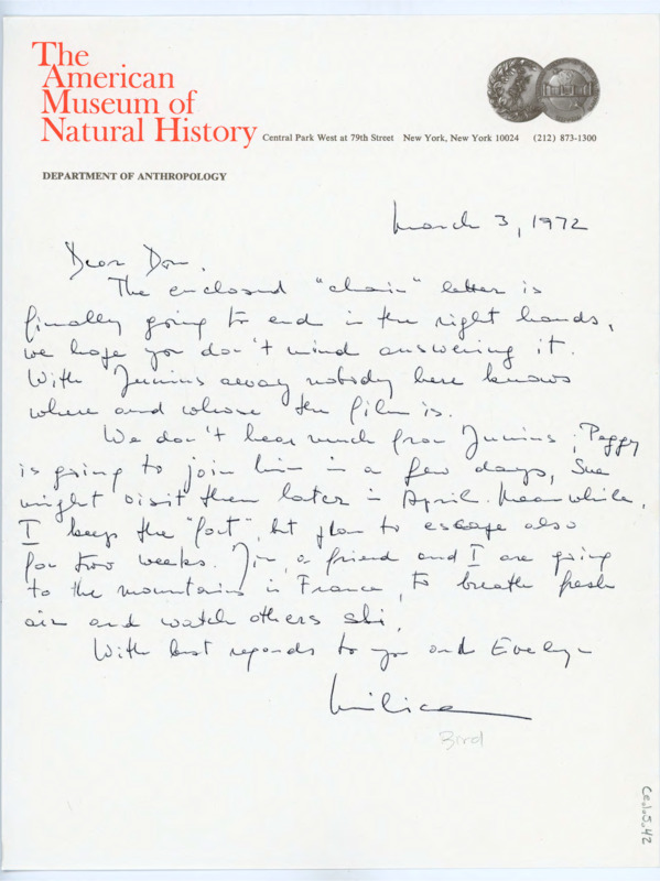 Handwritten letter from Milica Skinner to Donald Crabtree where she updated Crabtree on Junius Bird's work and how little they see him.