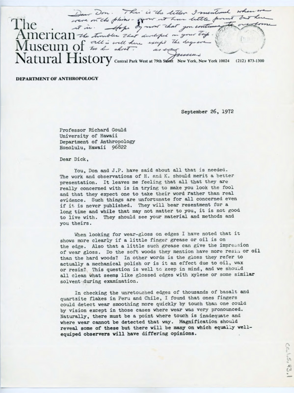 Typewritten letter from Junius Bird to Richard Gould that was forwarded to Crabtree where Bird where he discussed some artifacts and techniques used to make them.